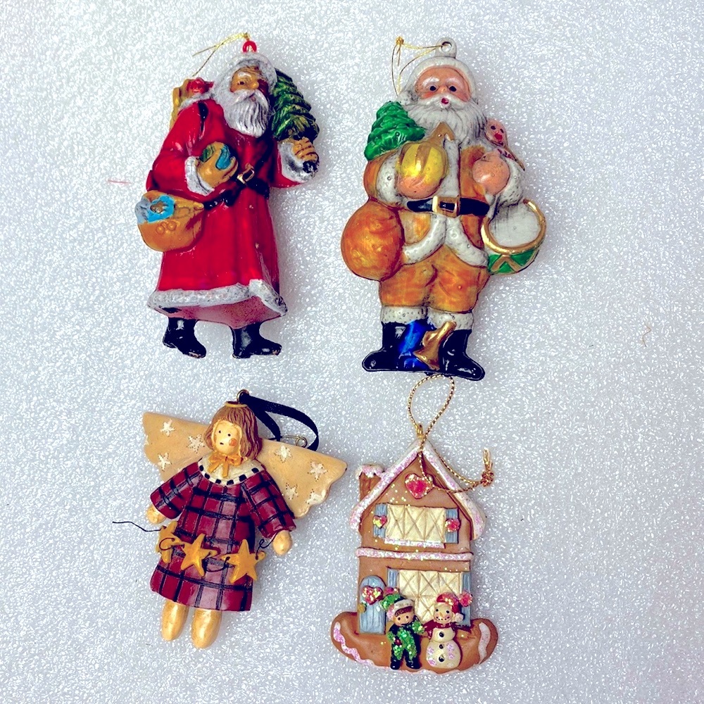 Vintage lot of four ornaments, Santa Claus, angel and tiny house